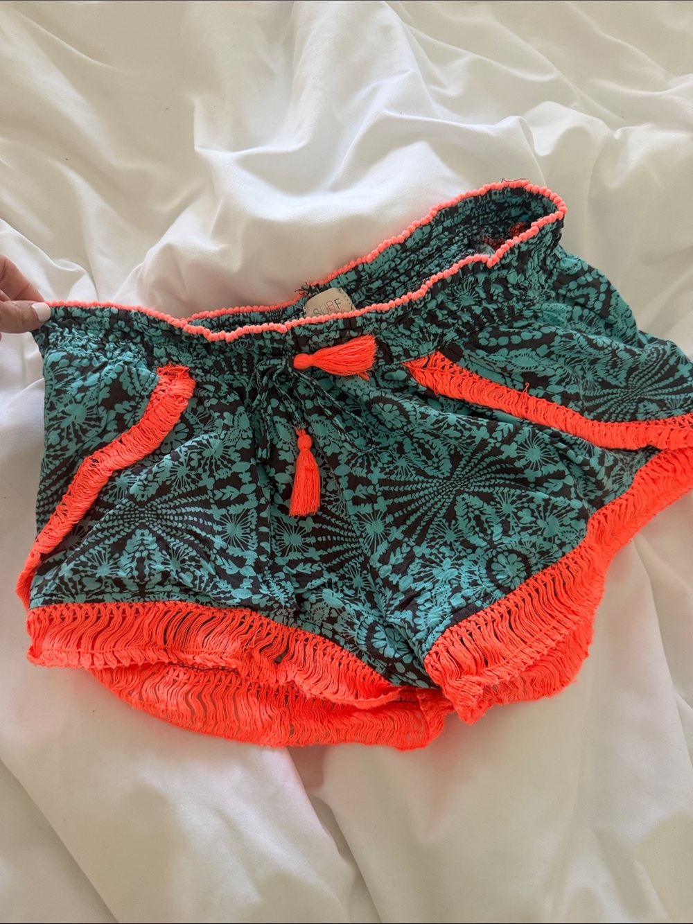 Surf Gypsy Women’s Teal & Neon Orange Fringe Beach Shorts